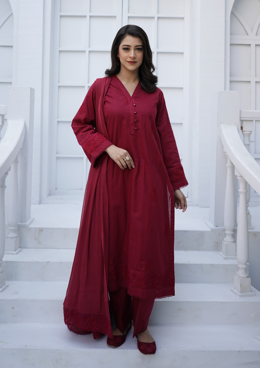 3Pc Embroidered Lawn with Embroidered Border Chiffon Dupatta JASHAN-S25-0025