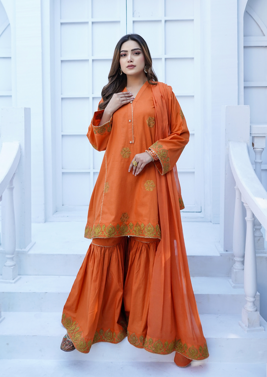 3Pc Tilla Embroidered Lawn Garara Set with Embroidered Border Chiffon Dupatta JASHAN-S25-0028