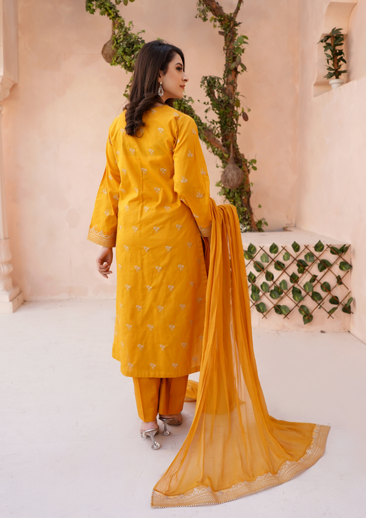 3Pc Tilla Embroidered Rib Lawn with Embroidered Border Chiffon Dupatta JASHAN-S25-0031