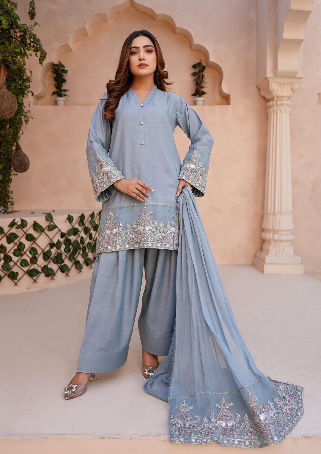 3Pc Embroidered Raw Silk with Farshi Shalwar with Chiffon Embroidered Bordered Dupatta JASHAN-S25-0037
