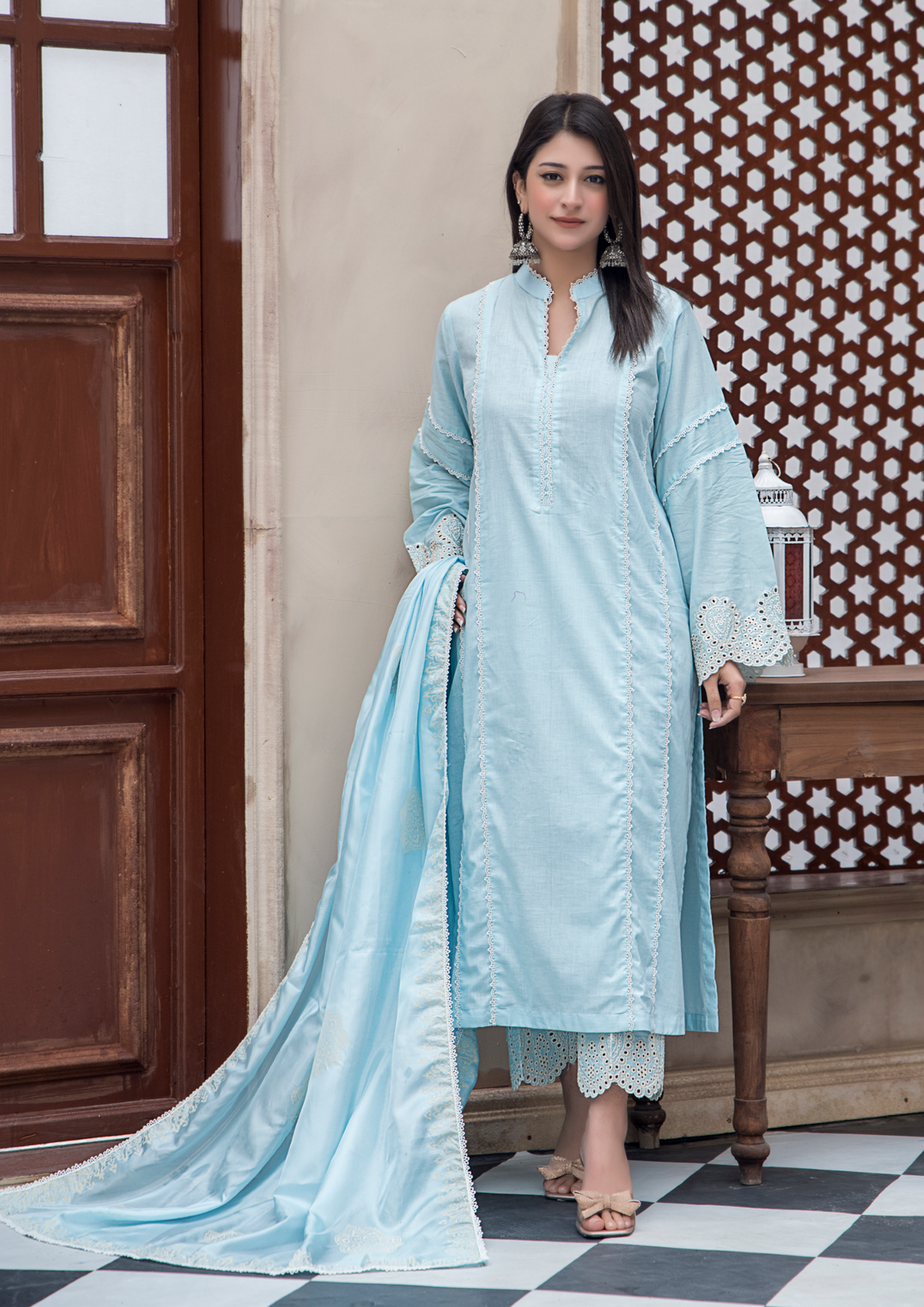 3Pc Siffli Embriodered with block printed tissue silk - S25-0069