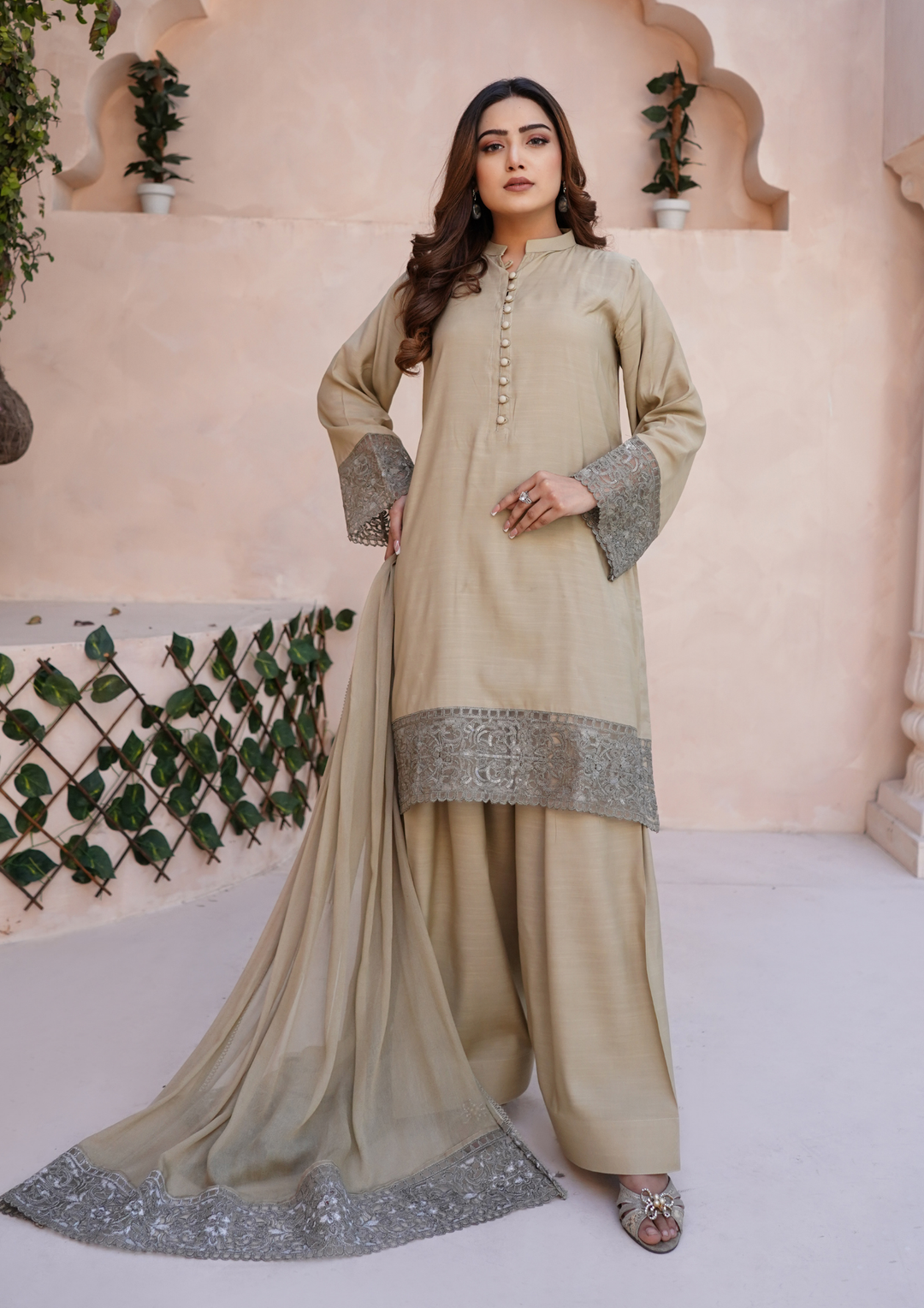 3Pc Embroidered Raw Silk with Farshi Shalwar with Chiffon Embroidered Bordered Dupatta JASHAN-S25-0040