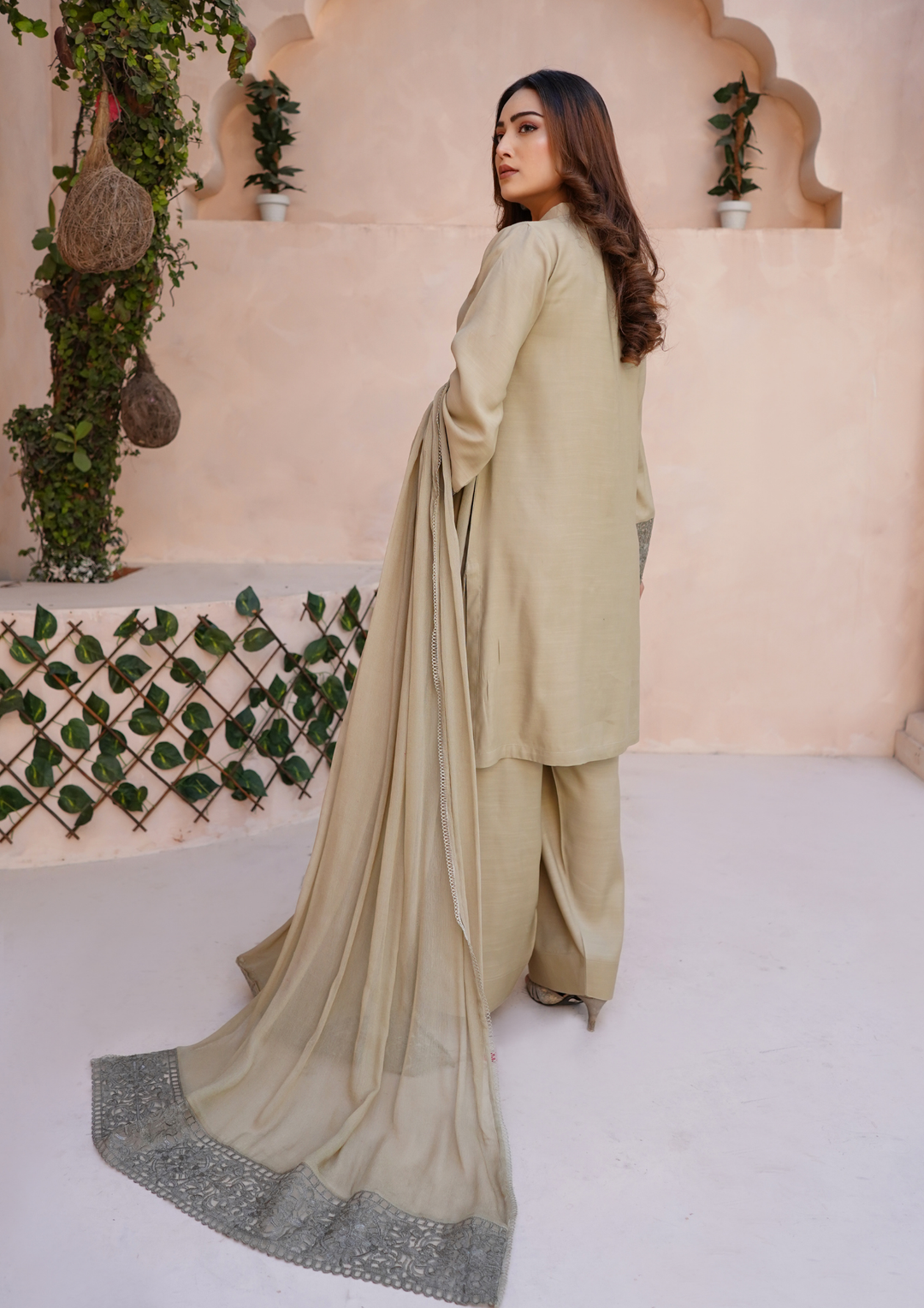 3Pc Embroidered Raw Silk with Farshi Shalwar with Chiffon Embroidered Bordered Dupatta JASHAN-S25-0040