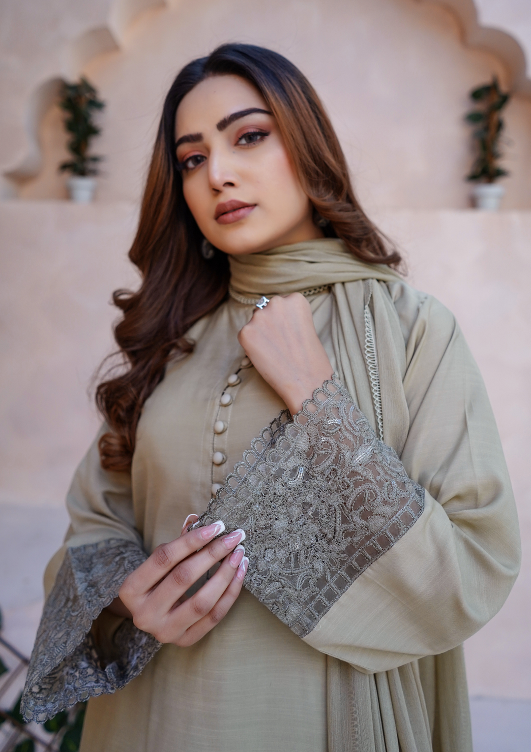 3Pc Embroidered Raw Silk with Farshi Shalwar with Chiffon Embroidered Bordered Dupatta JASHAN-S25-0040