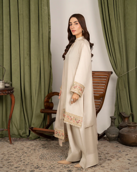 3Pc Embroidered Raw Silk with Farshi Shalwar FATAH-F25-0022