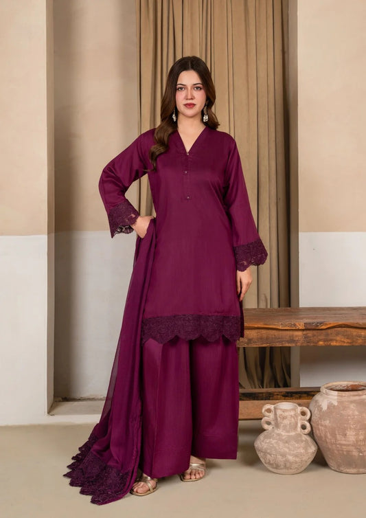 3Pc Embroidered Silk Viscose with Farshi Shalwar Magenta JASHAN-J26-0011