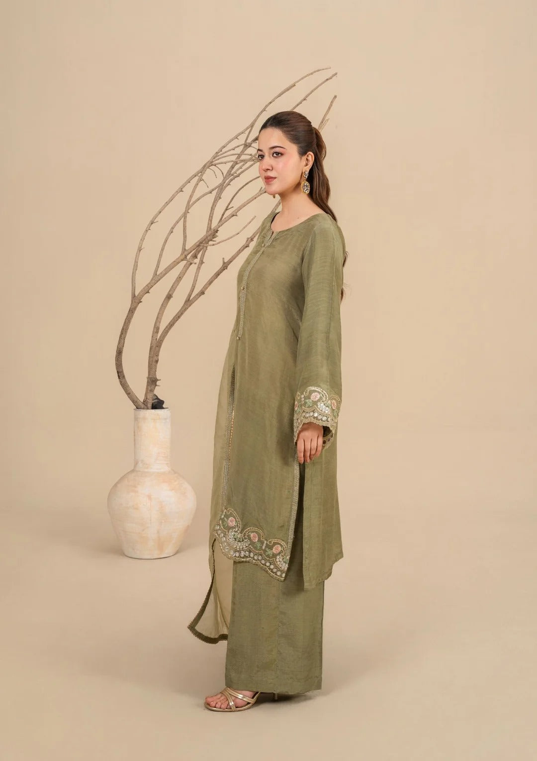 3Pc Embroidered Silk Viscose Olive Green JASHAN-J26-0017