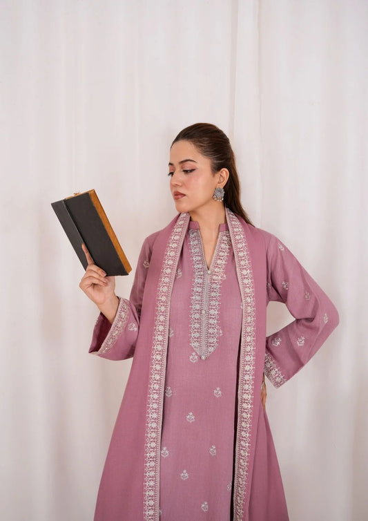 3pc Embroidered Silk Karandi with Embroidered Border Shawl AML-W25-0032