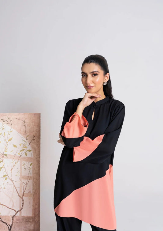 2PC Coral Noir Georgette Color-Block Set JUPITER-J25-0008