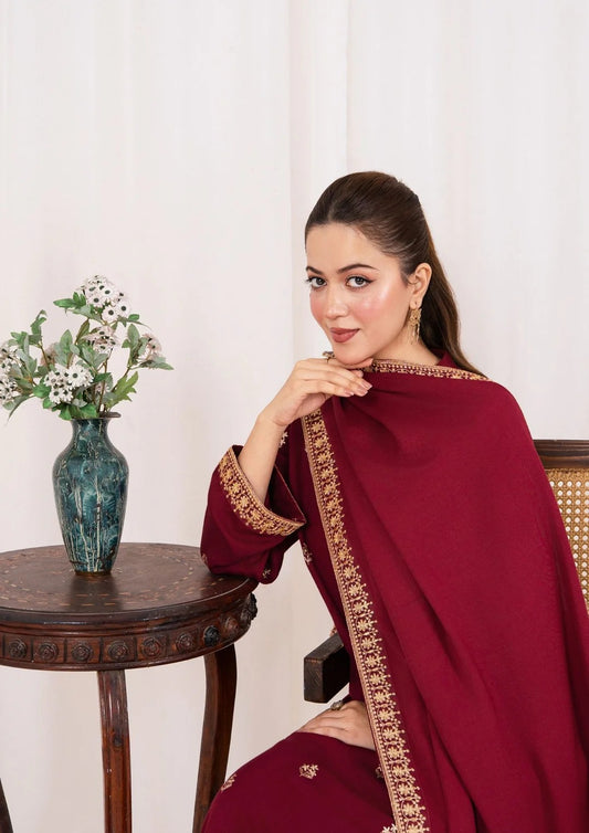 3pc Embroidered Silk Karandi with Embroidered Border Shawl AML-W25-0030