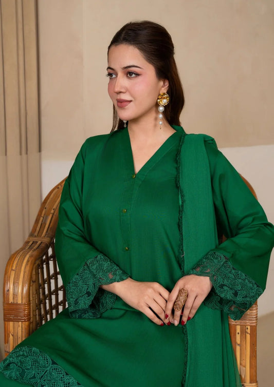 3Pc Embroidered Silk Viscose with Farshi Shalwar Bottle Green JASHAN-J26-0009