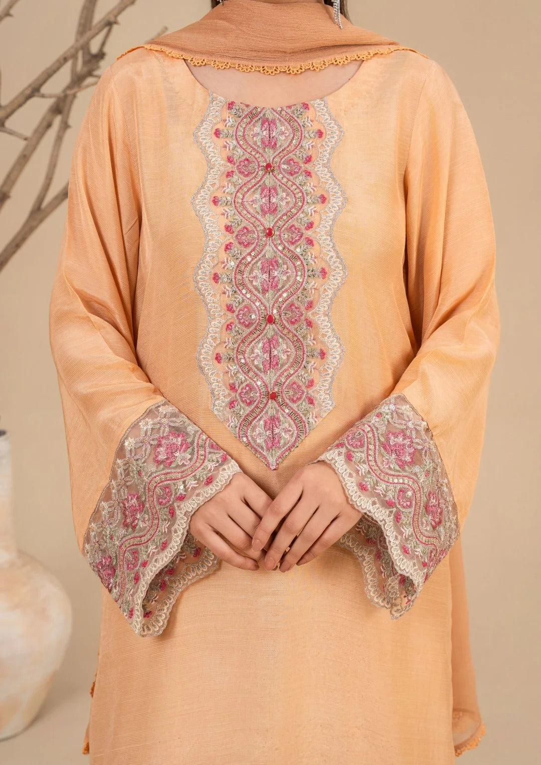 3Pc Embroidered Silk Viscose Soft Peach JASHAN-J26-0015