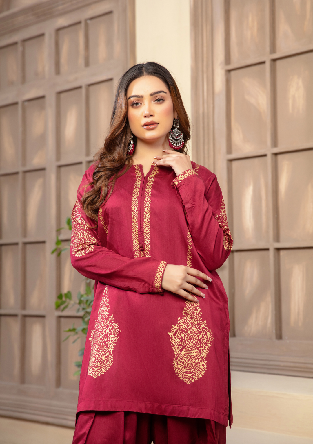 2Pc Block Printed Silk Viscose with Farshi Shalwar JASHAN-S25-0019