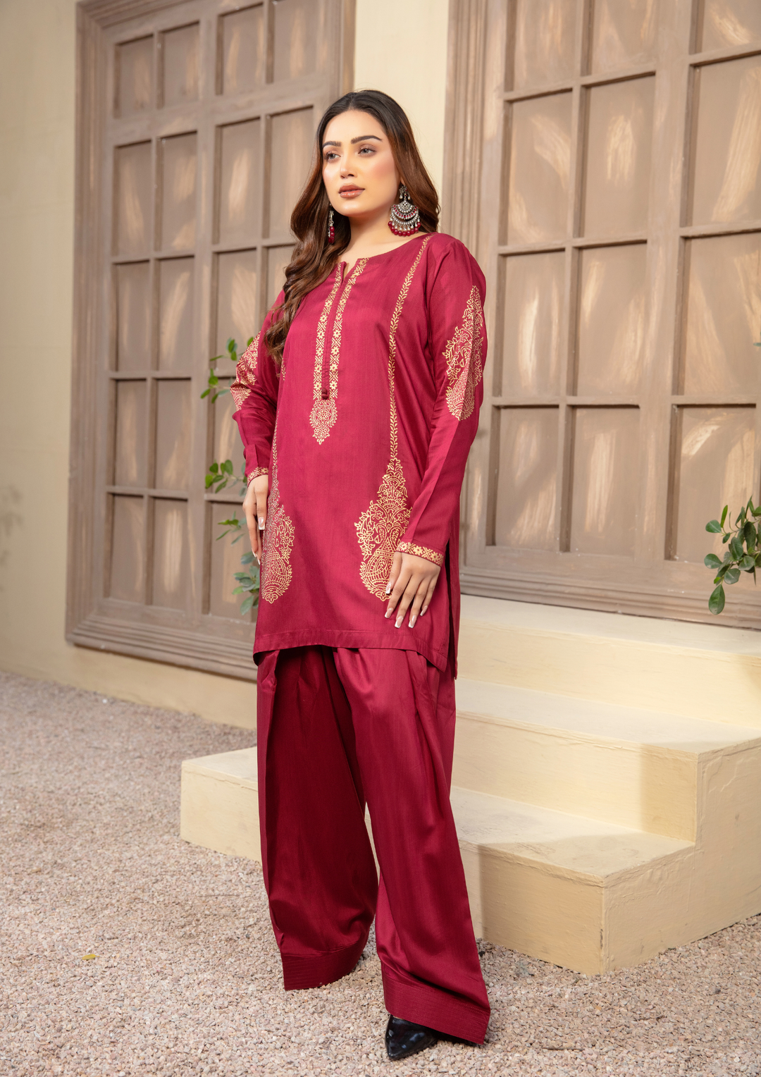 2Pc Block Printed Silk Viscose with Farshi Shalwar JASHAN-S25-0019