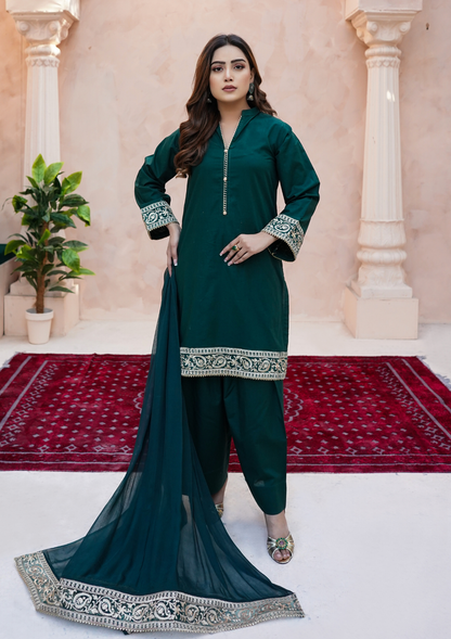 3Pc Tilla Embroidered Lawn Cotton with Farshi Shalwar with Embroidered Border Chiffon Dupatta JASHAN-S25-0029