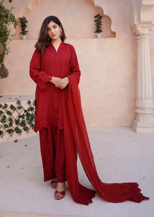 3Pc Embroidered Raw Silk with Farshi Shalwar with Chiffon Embroidered Bordered Dupatta JASHAN-S25-0034