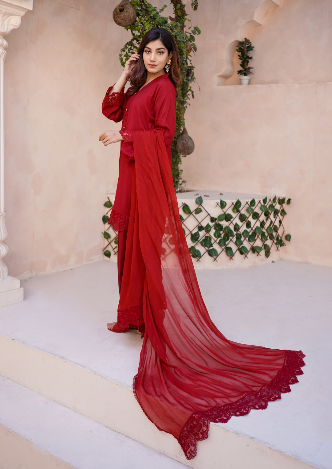 3Pc Embroidered Raw Silk with Farshi Shalwar with Chiffon Embroidered Bordered Dupatta JASHAN-S25-0034