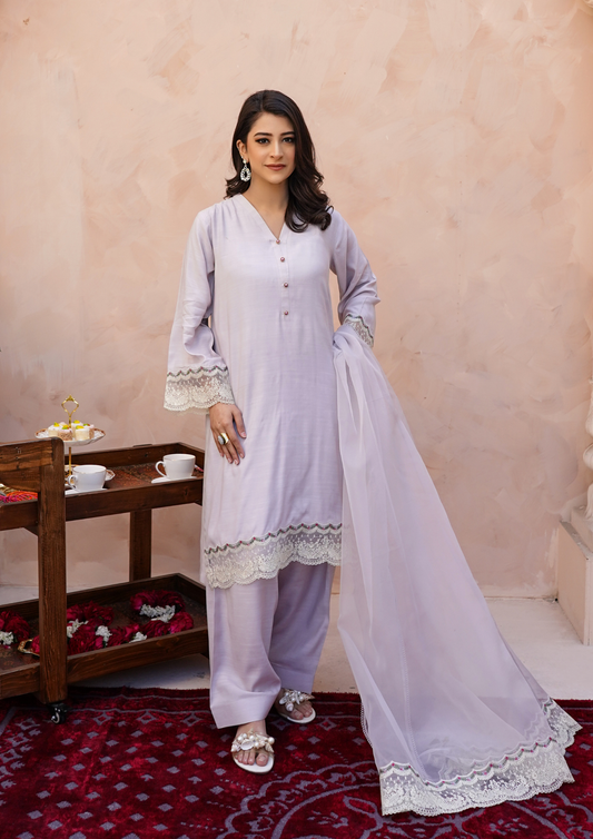 3Pc Embroidered Raw Silk with Farshi Shalwar with Organza Embroidered Bordered Dupatta JASHAN-S25-0035