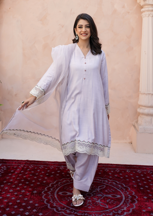 3Pc Embroidered Raw Silk with Farshi Shalwar with Organza Embroidered Bordered Dupatta JASHAN-S25-0035