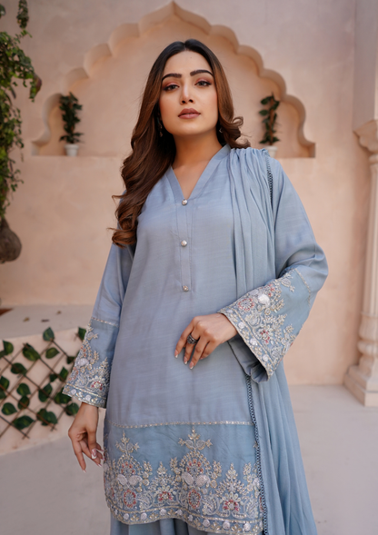 3Pc Embroidered Raw Silk with Farshi Shalwar with Chiffon Embroidered Bordered Dupatta JASHAN-S25-0037