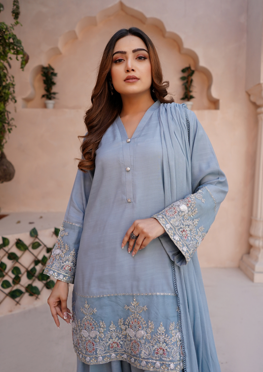 3Pc Embroidered Raw Silk with Farshi Shalwar with Chiffon Embroidered Bordered Dupatta JASHAN-S25-0037
