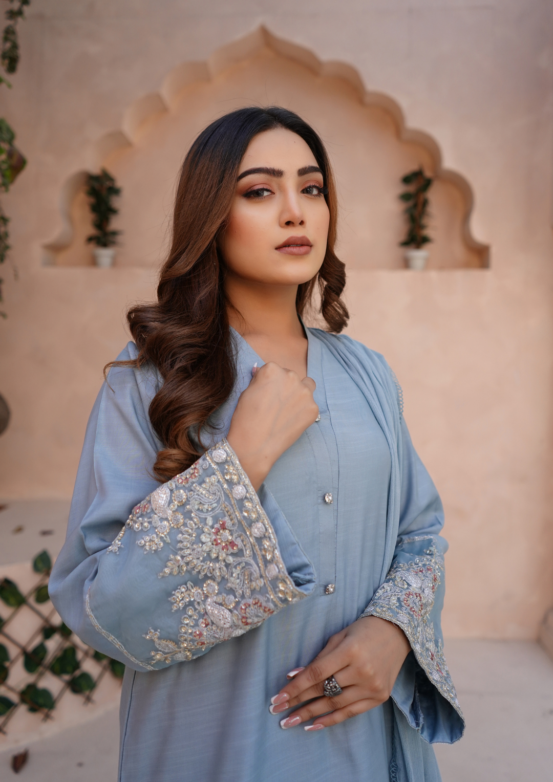 3Pc Embroidered Raw Silk with Farshi Shalwar with Chiffon Embroidered Bordered Dupatta JASHAN-S25-0037