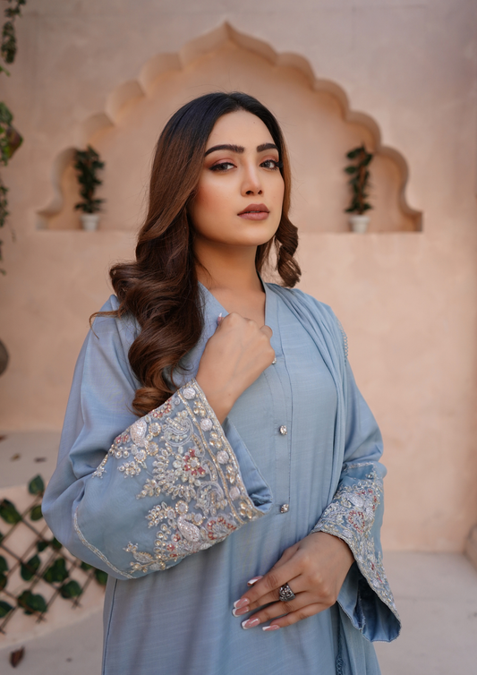 3Pc Embroidered Raw Silk with Farshi Shalwar with Chiffon Embroidered Bordered Dupatta JASHAN-S25-0037