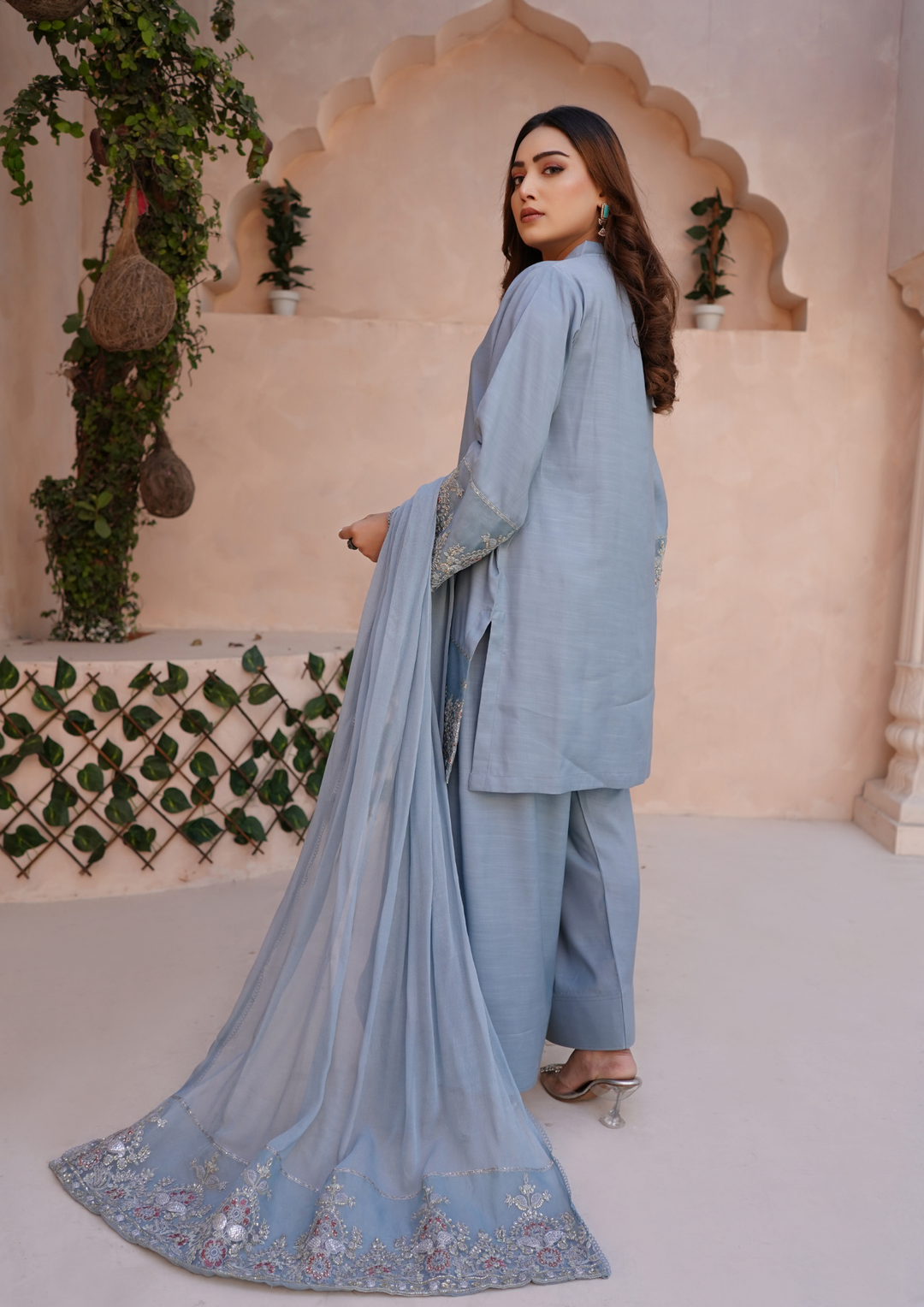 3Pc Embroidered Raw Silk with Farshi Shalwar with Chiffon Embroidered Bordered Dupatta JASHAN-S25-0037