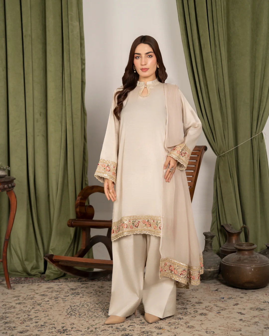 3Pc Embroidered Raw Silk with Farshi Shalwar FATAH-F25-0022
