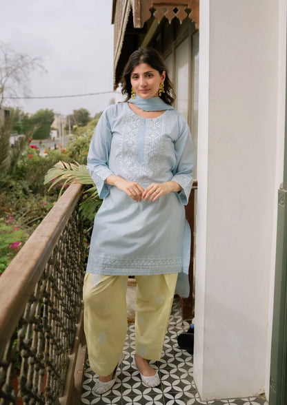 3Pc Ice Blue Embroidered Lawn with Chiffon Dupatta RIW-R26-0006