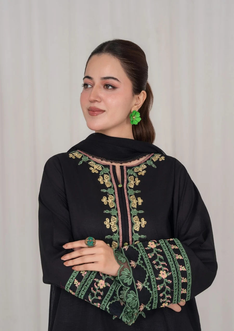 3Pc Black Embroidered Lawn with Chiffon Dupatta RIW-R26-0001