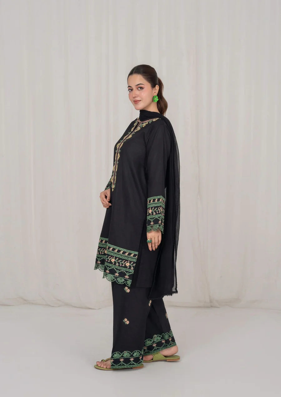 3Pc Black Embroidered Lawn with Chiffon Dupatta RIW-R26-0001