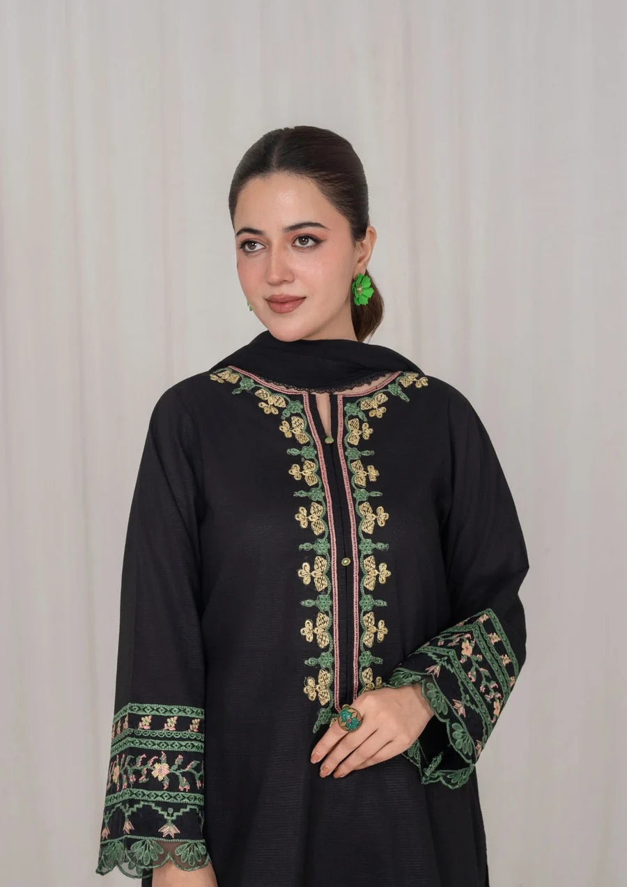3Pc Black Embroidered Lawn with Chiffon Dupatta RIW-R26-0001