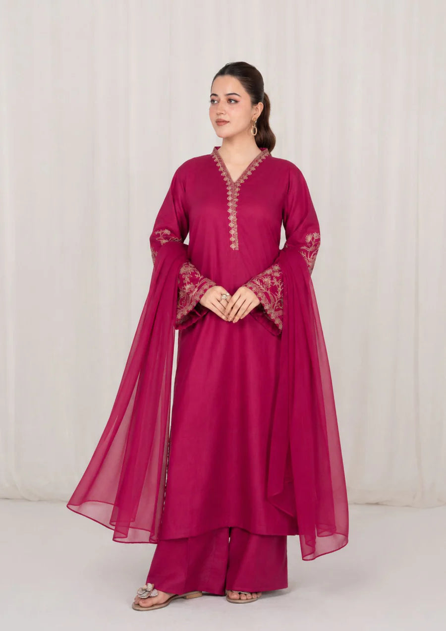 3Pc Burgundy Embroidered Lawn with Chiffon Dupatta SUM-R26-0034