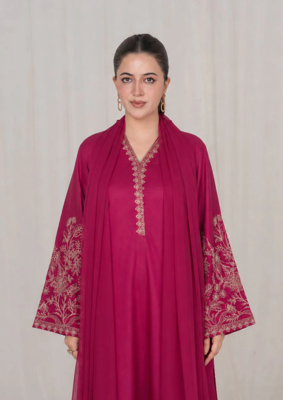 3Pc Burgundy Embroidered Lawn with Chiffon Dupatta SUM-R26-0034