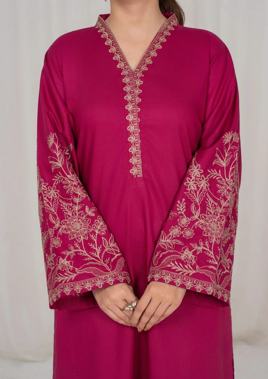 3Pc Burgundy Embroidered Lawn with Chiffon Dupatta SUM-R26-0034