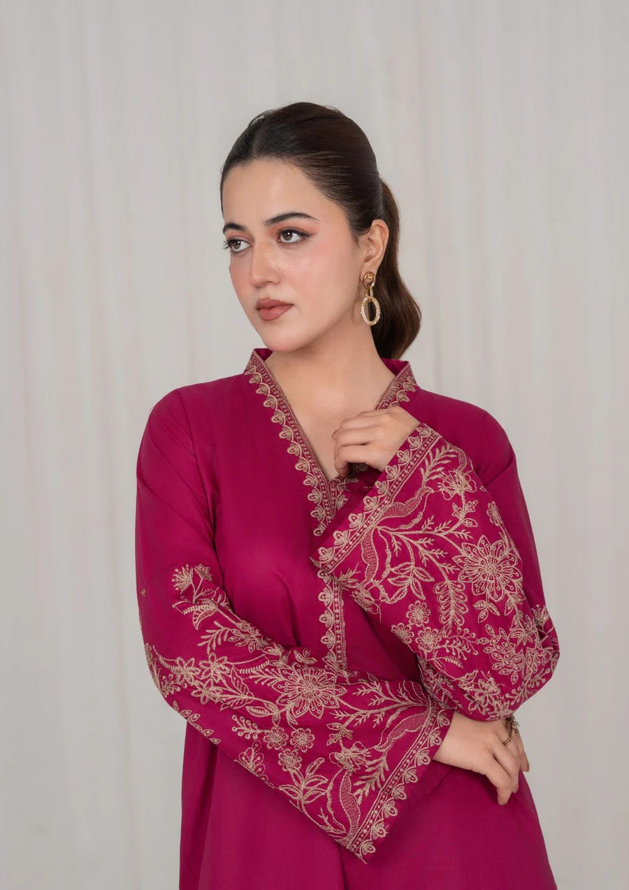 3Pc Burgundy Embroidered Lawn with Chiffon Dupatta SUM-R26-0034