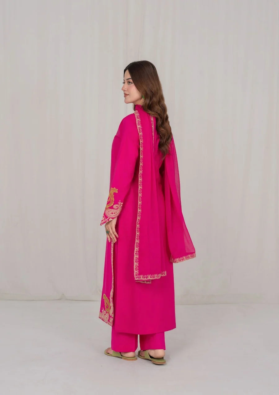 3Pc Hot Pink Embroidered Lawn with Chiffon Dupatta SUM-R26-0004