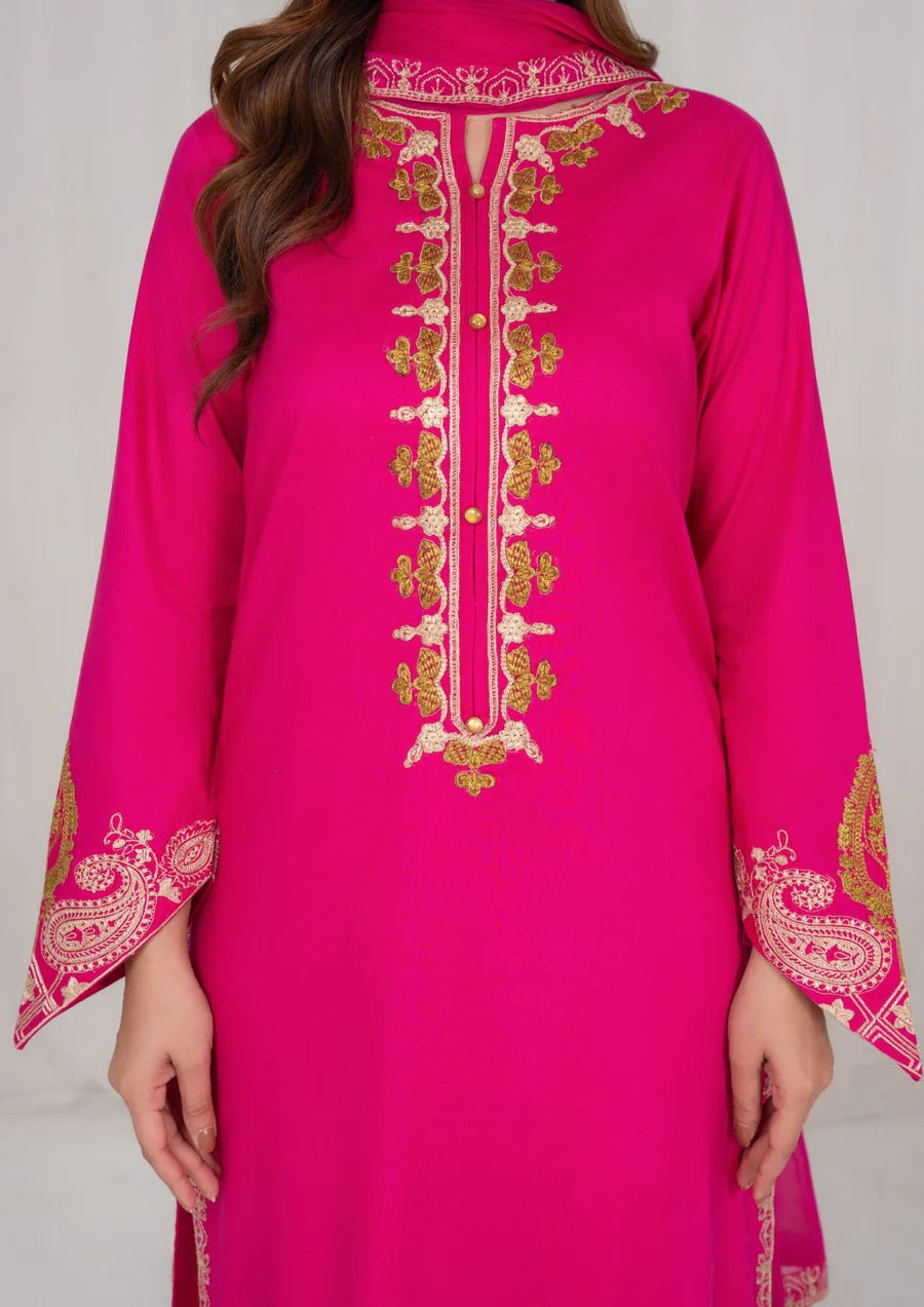3Pc Hot Pink Embroidered Lawn with Chiffon Dupatta SUM-R26-0004