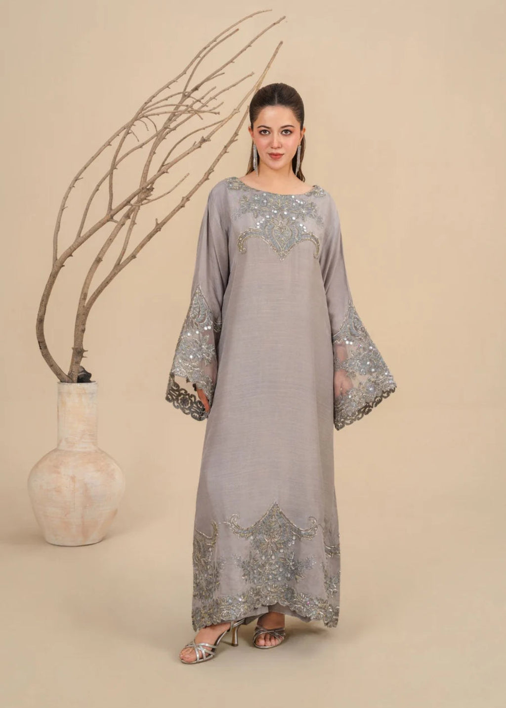 2Pc Silk Viscose Kaftan Silver LUXE-J26-0025