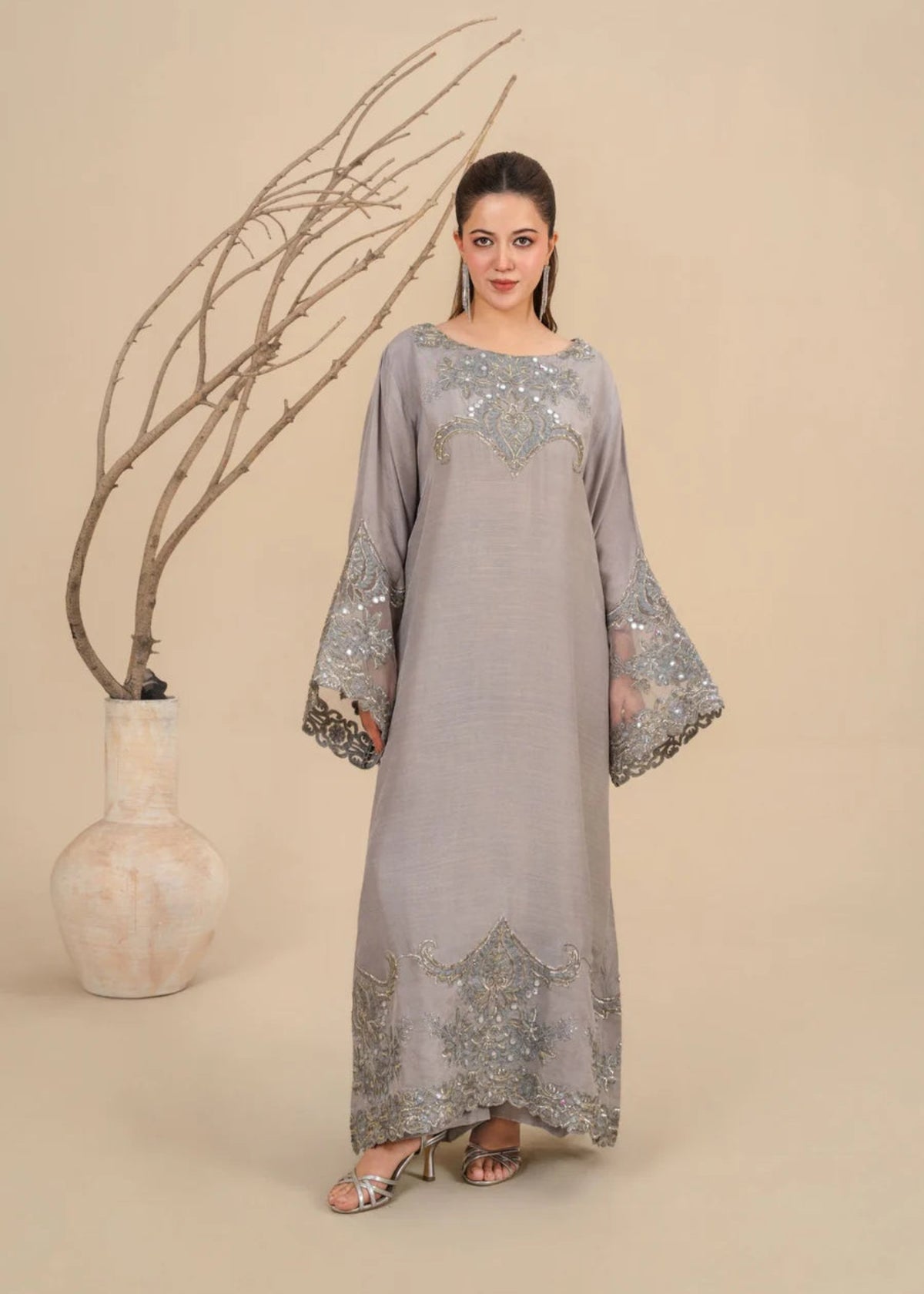 2Pc Silk Viscose Kaftan Silver LUXE-J26-0025