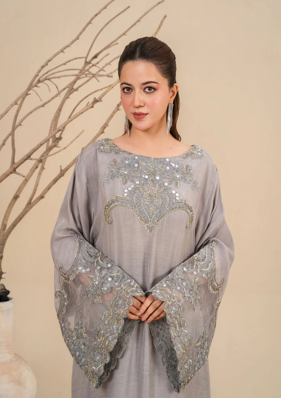 2Pc Silk Viscose Kaftan Silver LUXE-J26-0025