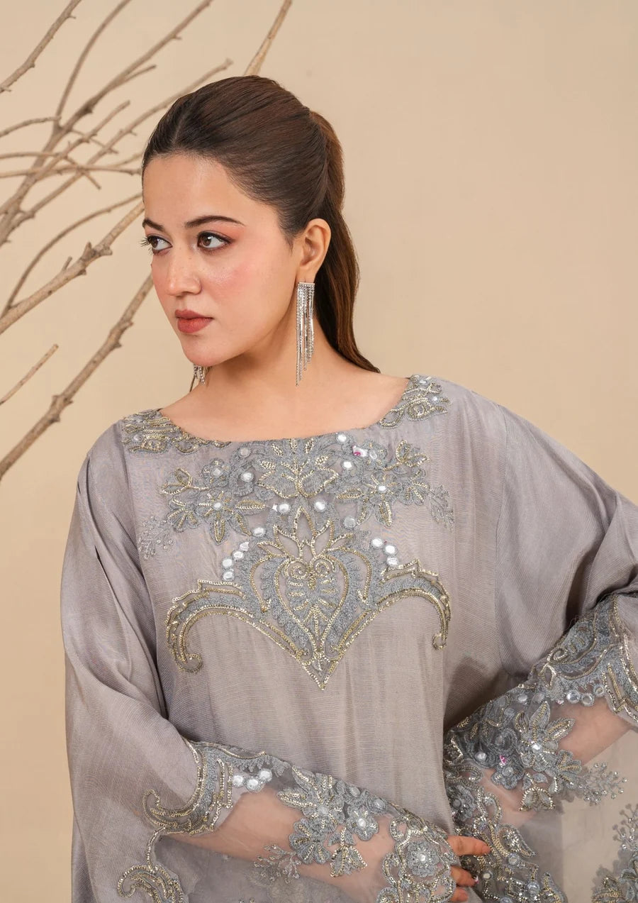 2Pc Silk Viscose Kaftan Silver LUXE-J26-0025