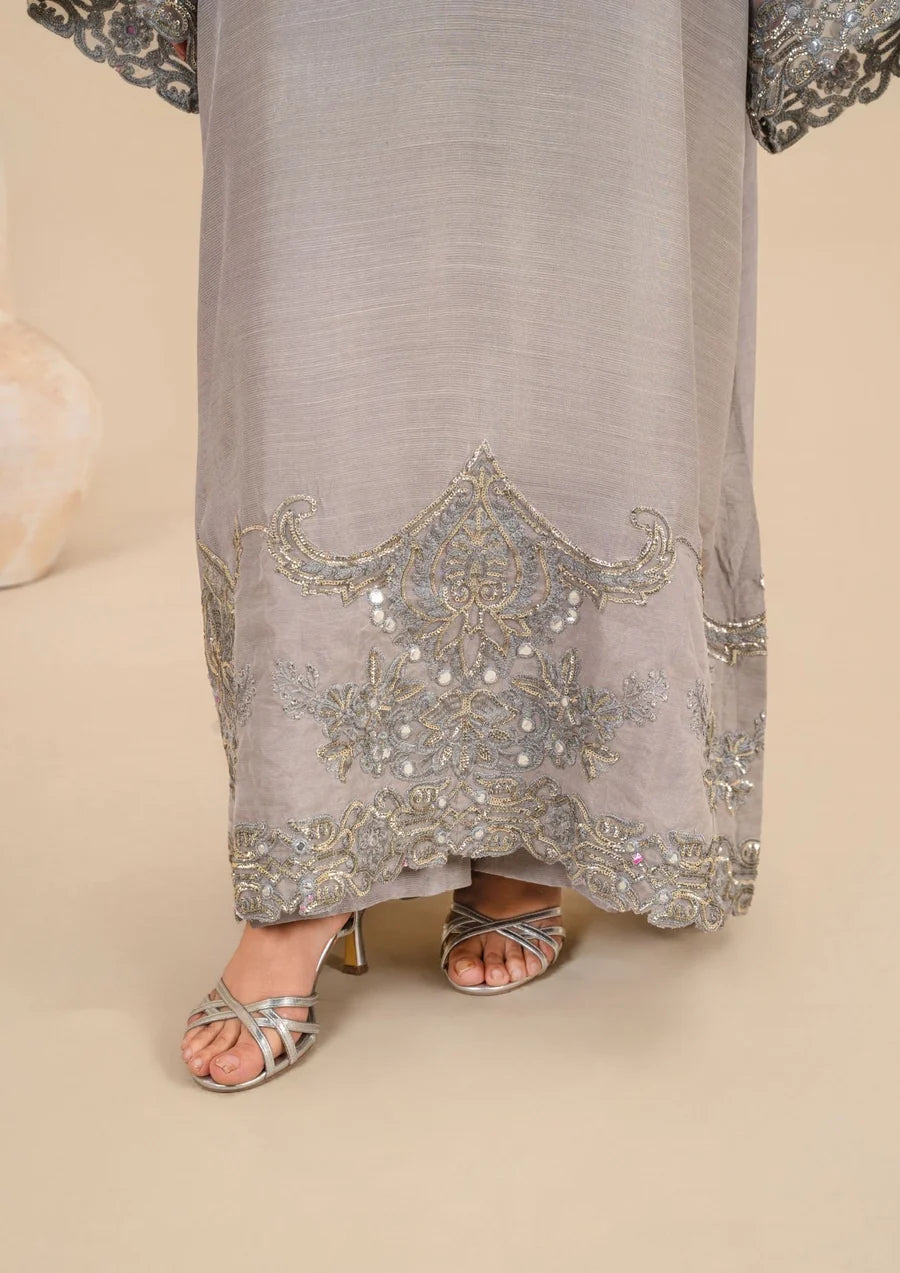 2Pc Silk Viscose Kaftan Silver LUXE-J26-0025