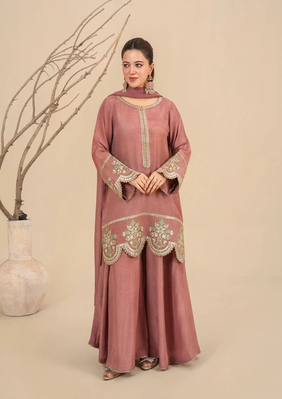 3Pc Silk Viscose Suit with Chiffon Dupatta & Sharara Tea Pink JASHAN-J26-0014