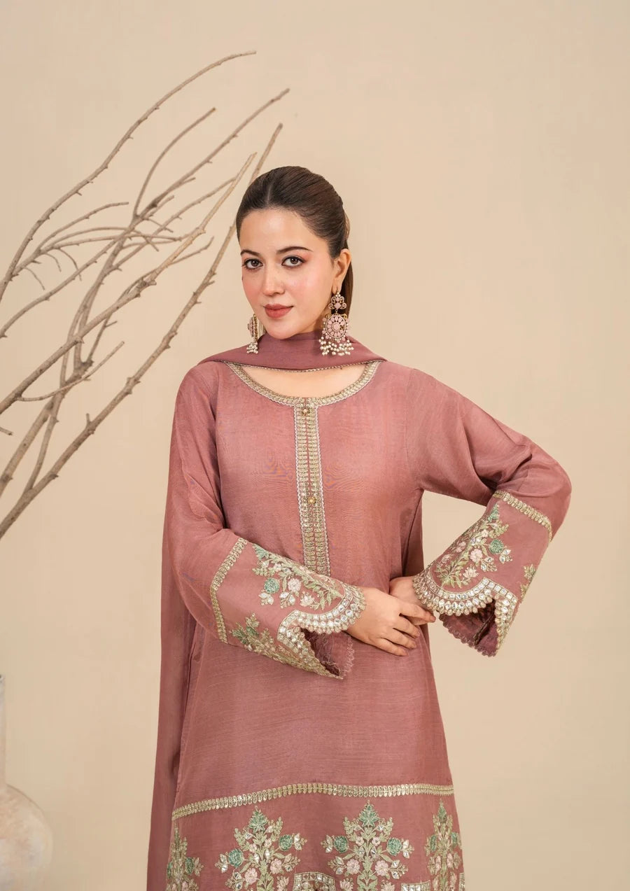 3Pc Silk Viscose Suit with Chiffon Dupatta & Sharara Tea Pink JASHAN-J26-0014