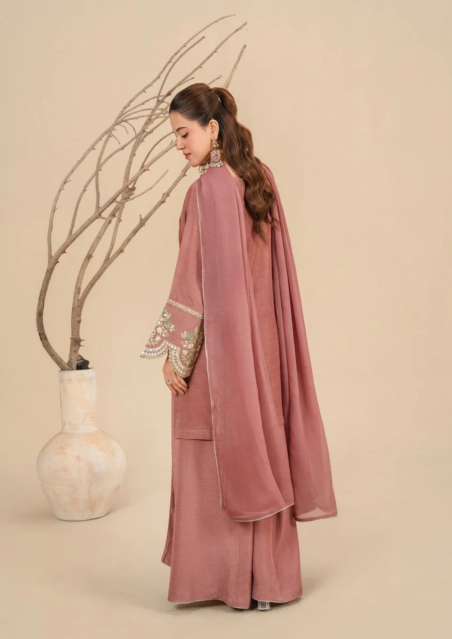 3Pc Silk Viscose Suit with Chiffon Dupatta & Sharara Tea Pink JASHAN-J26-0014