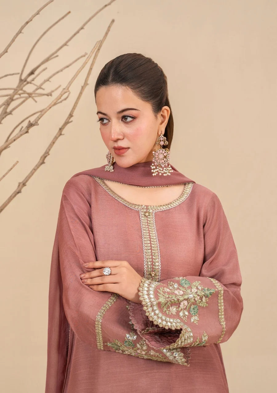 3Pc Silk Viscose Suit with Chiffon Dupatta & Sharara Tea Pink JASHAN-J26-0014