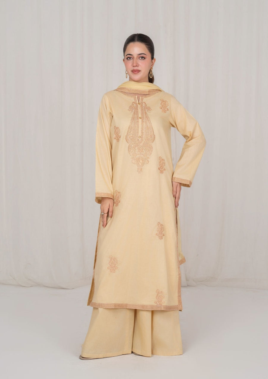 3PC BEIGE EMBROIDERED LAWN WITH CHIFFON DUPATTA lux-R26-0003