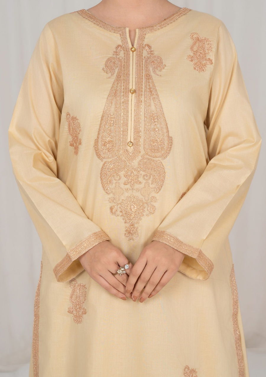 3PC BEIGE EMBROIDERED LAWN WITH CHIFFON DUPATTA lux-R26-0003
